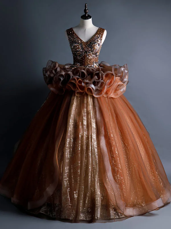 women's pear-shaped body dressesCoffee Tulle Sequins V-neck Beading Quinceanera Dress