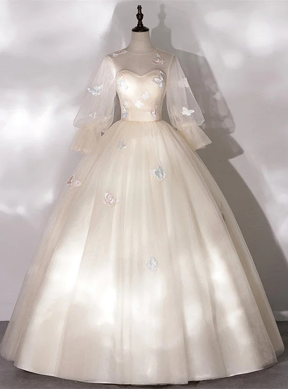 Skater DressChampagne Tulle Butterfly Appliques Bell Sleeve Quinceanera Dress