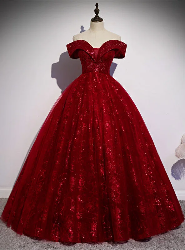 Short-Sleeve DressBurgundy Tulle Sequins Off the Shoulder Quinceanera Dress