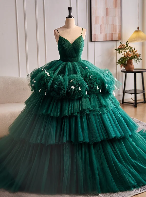 women's custom dressesDark Green Tulle Spaghetti Straps Tiers Quinceanera Dress