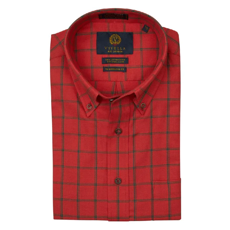 Men's Performance Shirts for Active LifestylesRed and Sage Green Plaid Cotton and Wool Blend Button-Down Shirt (TAILORED FIT) by Viyella Men's Performance Shirts for Active LifestylesRed and Sage Green Plaid Cotton and Wool Blend Button-Down Shirt (TAILORED FIT) by Viyella