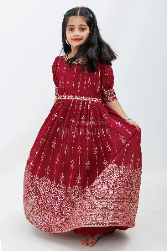 Sequined DressMagenta Bamboo Silk Gown with Puff Sleeves and AllOver Foil Prints