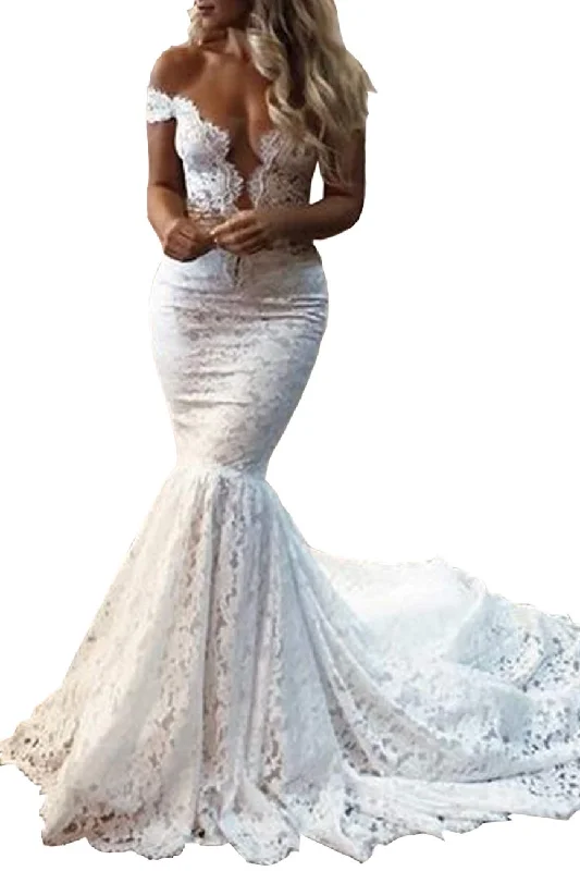 Cheetah Print DressPretty Off The Shoulder Elegant Sheer Neck Mermaid Long Lace Wedding Dress Y0128