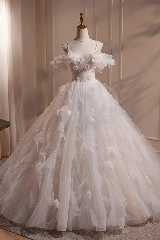 women's bell-sleeved dressesPrincess Spaghetti Straps Flower Tulle Long Wedding Dress