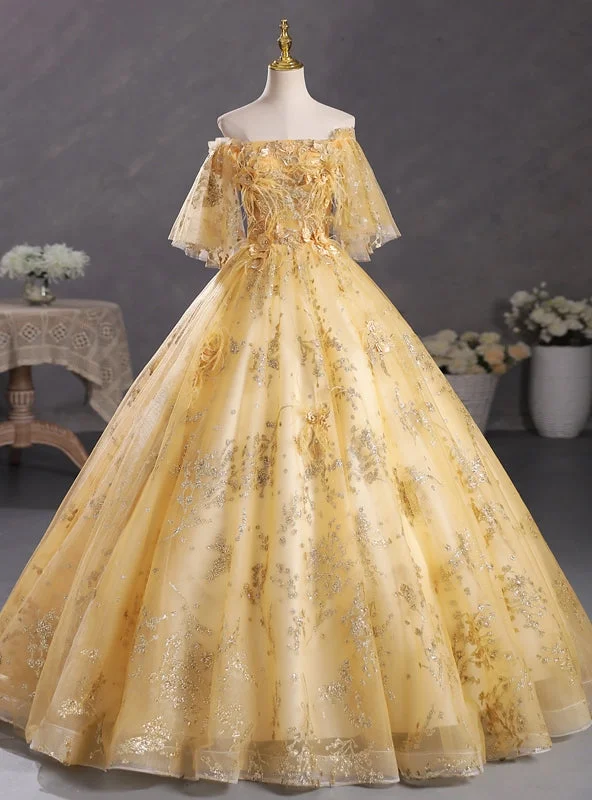 women's prom dressesGold Tulle Sequins Appliques Feather Quinceanera Dress