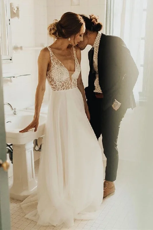 women's pear-shaped body dressesBeading Long Tulle Beach Wedding Dresses A Line Deep V-Neck Wedding Gown N2424