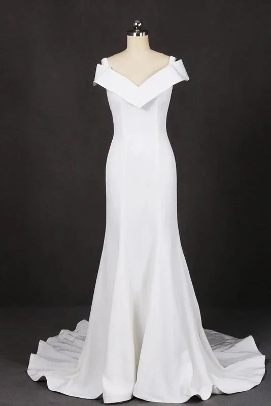 women's stylish dressesMermaid V-Neck Off White Wedding Dresses Unique Long Bridal Dresses N2305