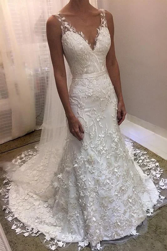 women's stretch dressesIvory V Neck Sheath Backless Charming Lace Wedding Dresses