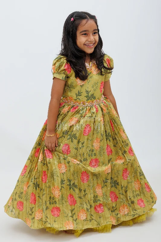 Neon DressGreen Chinon Print Long Gown with Floral Design