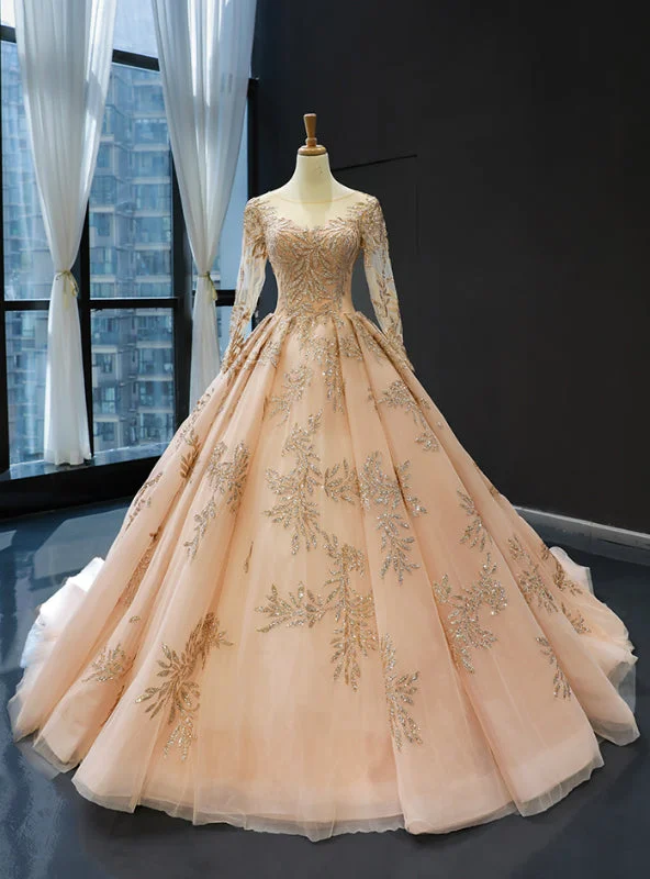 Polka-Dot DressChampagne Gold Ball Gown Tulle Backless Long Sleeve Quinceanera Dresses
