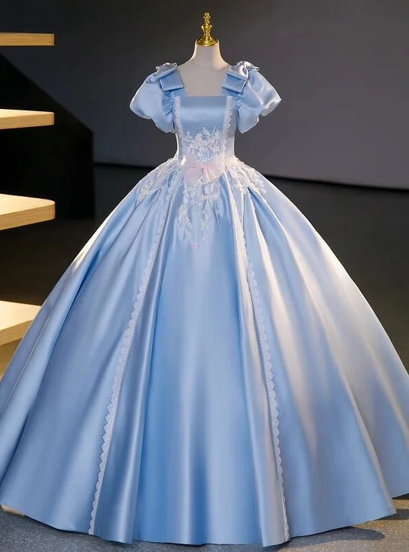 Fit-And-Flare DressBlue Satin Puff Sleeve Appliques Quinceanera Dress