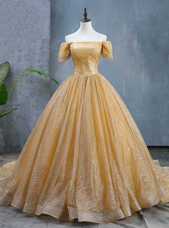 Body-Hugging DressGold Ball Gown Sequins Short Sleeve Quinceanera Dresses With Train
