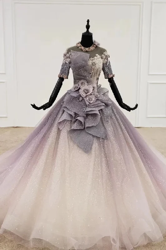 women's high-low dressesSparkly Ball Gown Half Sleeves Princess Wedding Dresses with Flowers