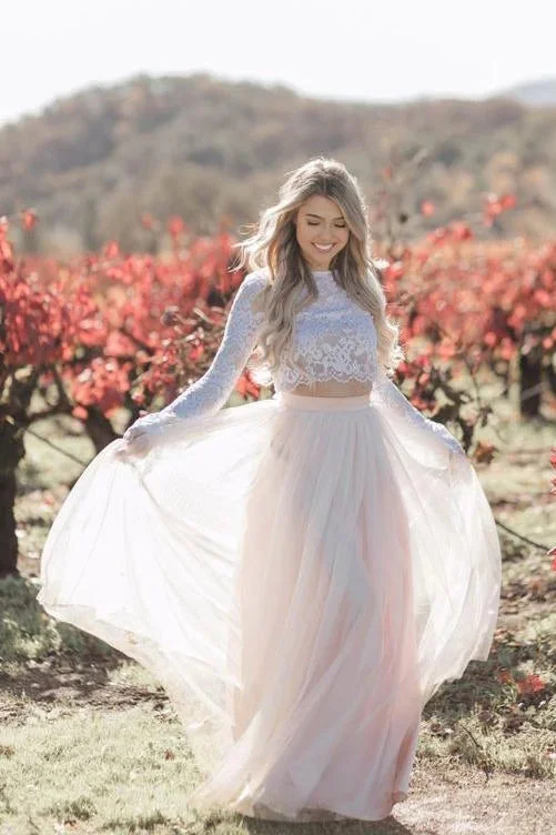 Ruffled Hem DressTwo Piece Long Sleeves Lace Wedding Dresses
