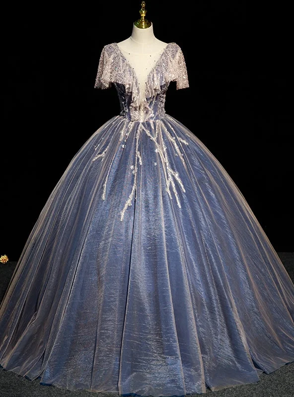 women's empire waist dressesBlue Tulle Sequins See Through V-neck Quinceanera Dress