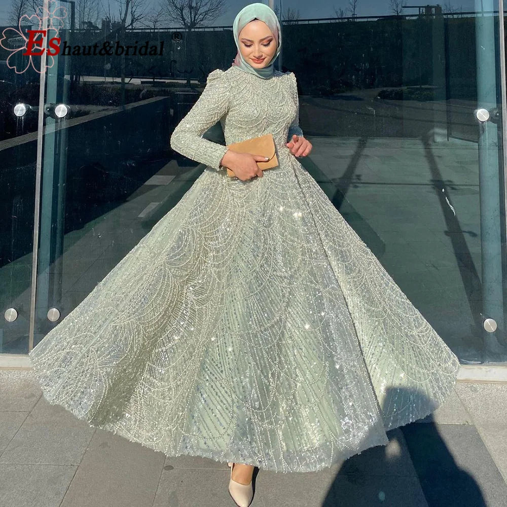 Laced DressElegant Dubai  High Neck Long Sleeves Aline Ankle Length Formal Dress