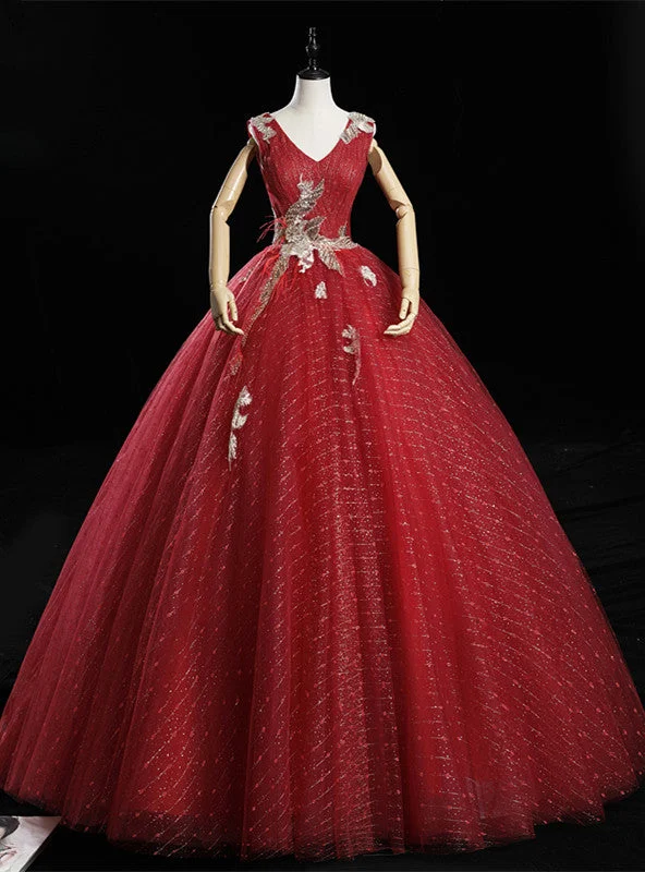 women's bespoke dressesDark Red Tulle Sequins V-neck Appliques Quinceanera Dress