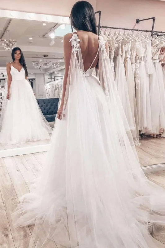 women's floral dressesFlowy Backless Tulle Long Beach Wedding Dress Elegant Bridal Gowns Y0110