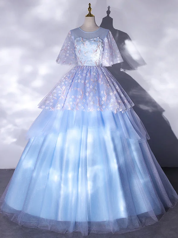 Striped DressBlue Tulle Appliques Flying Sleeve Quinceanera Dress