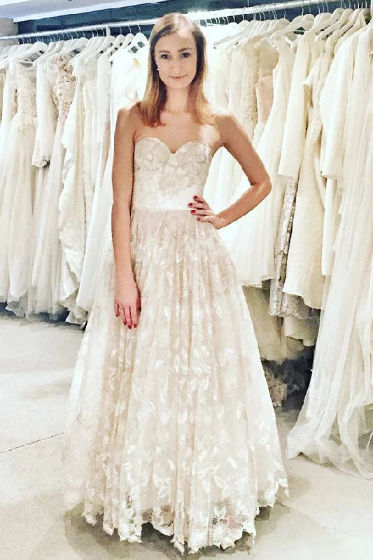 women's one-shoulder dressesA Line Sweetheart Sleeveless Floor Length Lace Wedding Dresses Lace Up Back Bridal Dresses N2493