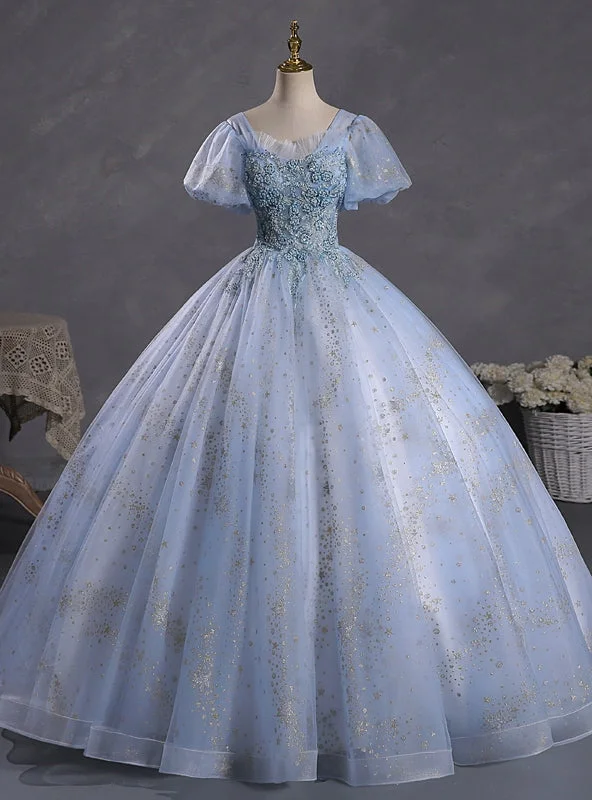 women's mini dressesBlue Tulle Sequins Puff Sleeve Beading Quinceanera Dress