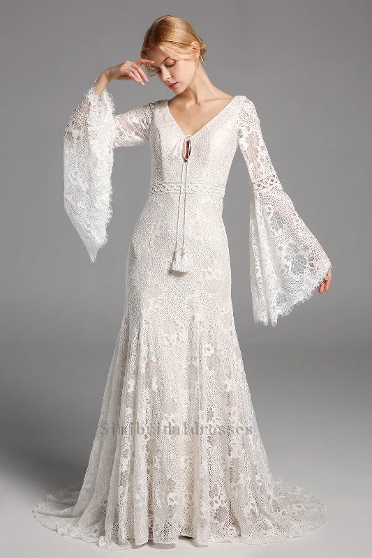 Metallic DressNew Arrival Boho Long Sleeves Lace Beach Wedding Dress Chic Bridal Gowns Y0133
