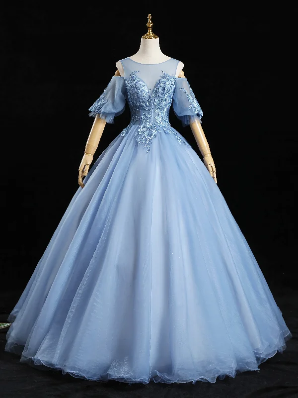 Velveteen DressBlue Tulle Appliques Beading Short Sleeve Quinceanera Dress