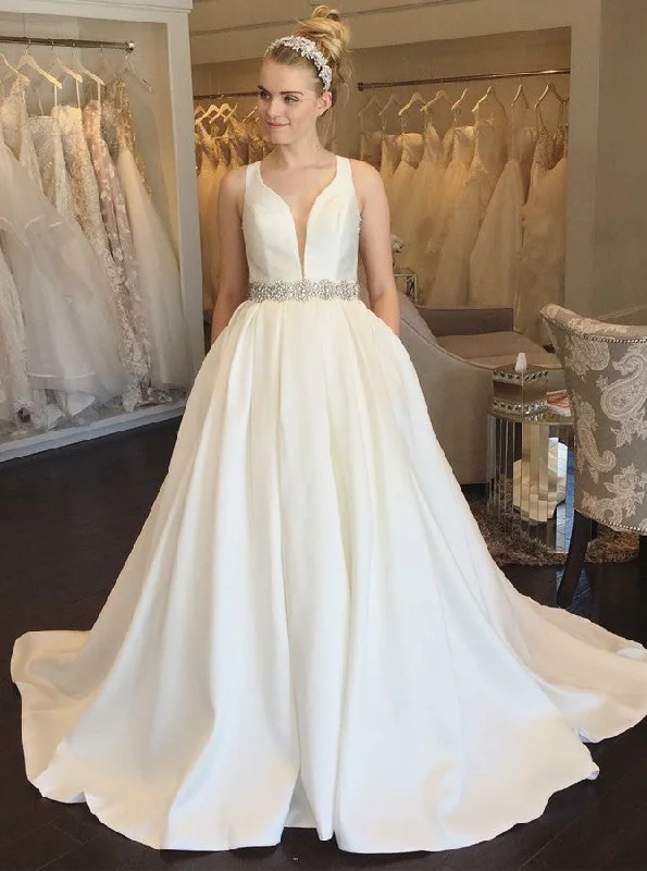 women's ball gown dressesA-Line V-Neck Open Back Beading Satin Wedding Dress With Pockets OW479