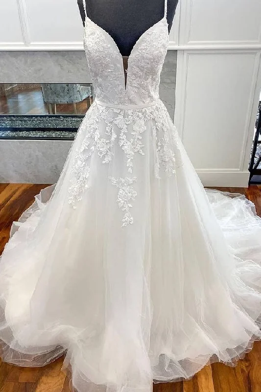 Crepe DressCharming Long Spaghetti Straps Tulle Wedding Dresses Bridal Gowns Y0147