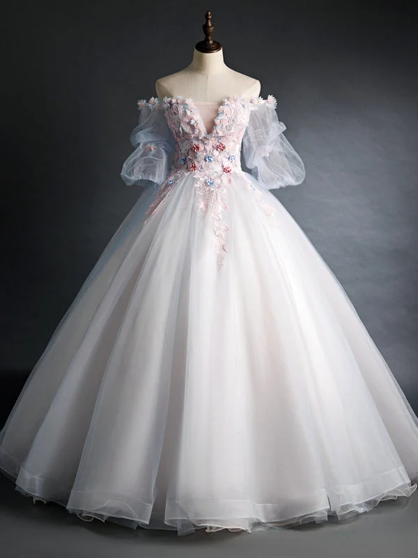 women's unique dressesBlue Gray Tulle Puff Sleeve Appliques Quinceanera Dress