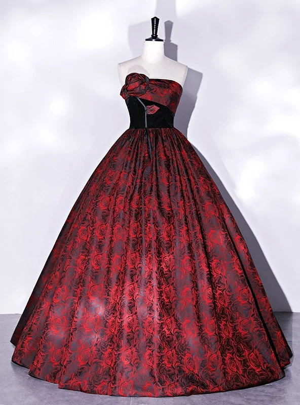women's custom dressesBurgundy Satin Rose Print Strapless Quinceanera Dress