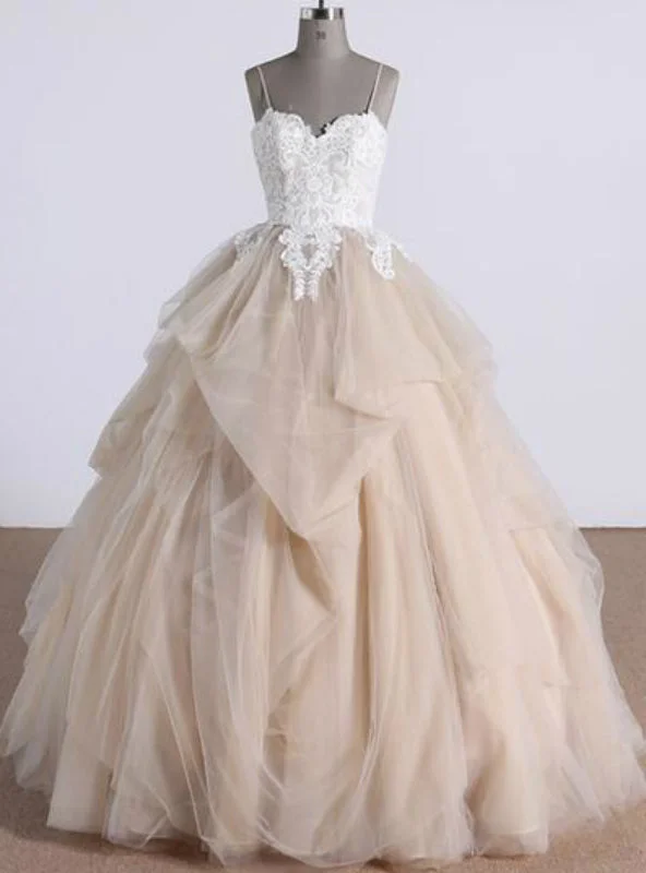 women's maxi dressesChampagne Tulle Ruffles Long Backless Lace Appliques Quinceanera Dresses