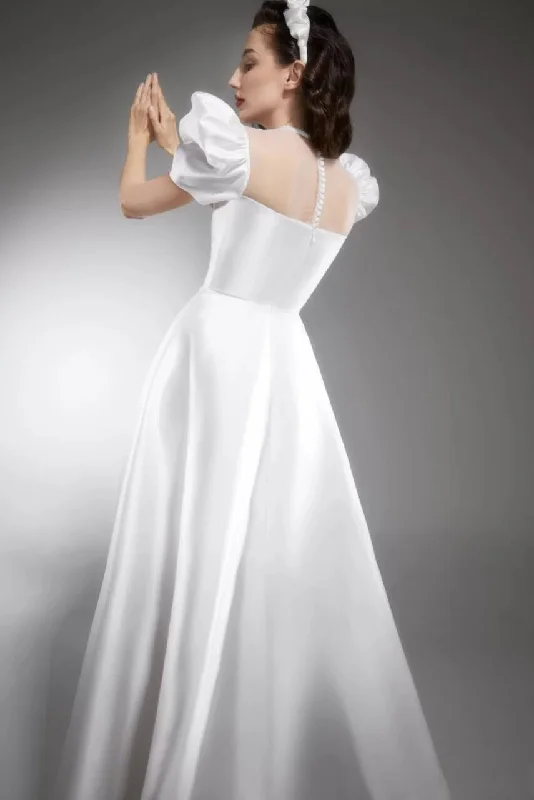 Tiered DressVintage White A Line Puff Sleeves Disney Long Wedding Dresses