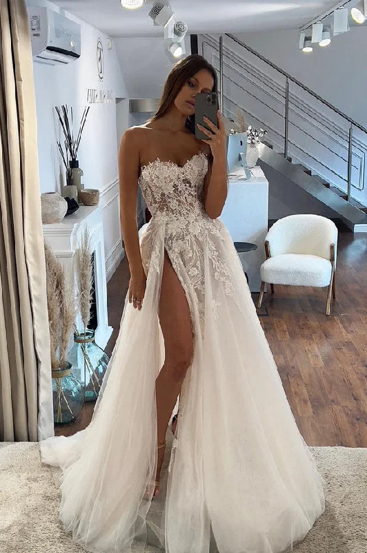 Nursing DressCharming A Line Sweetheart Tulle Wedding Dresses with Slit N083