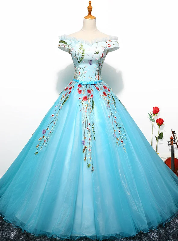 women's fair-trade dressesBlue Ball Gown Off The Shoulder Tulle Quinceanera Dresses