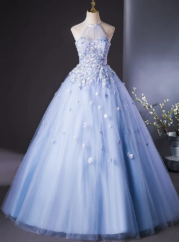 Embellished DressBlue Tulle Halter Flower Quinceanera Dress