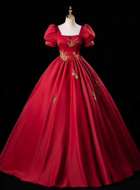 women's stretchy dressesBurgundy Red Satin Short Sleeve Square Appliques Quinceanera Dress