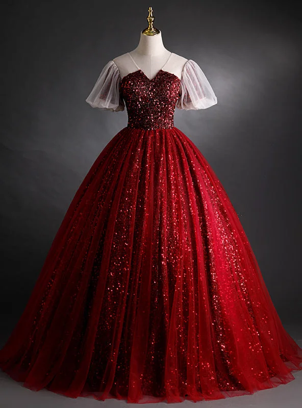 Evening DressBurgundy Sequins V-neck Puff Sleeve Quinceanera Dress