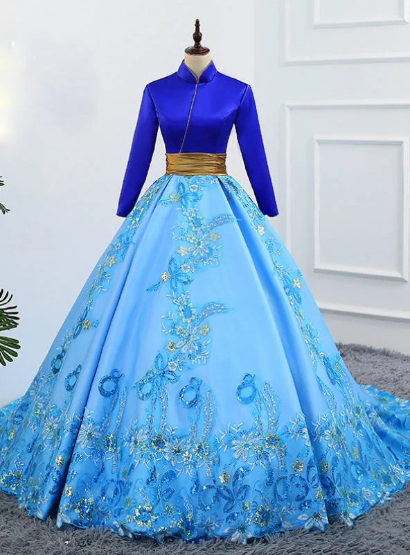 women's boho dressesBlue Ball Gown Satin High Neck Backless Long Sleeve Appliques Quinceanera Dresses
