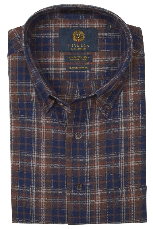 Men's Solid-Color Button-Down Shirts for VersatilityBrown, Navy, and Rust Plaid Cotton and Wool Blend Button-Down Shirt by Viyella