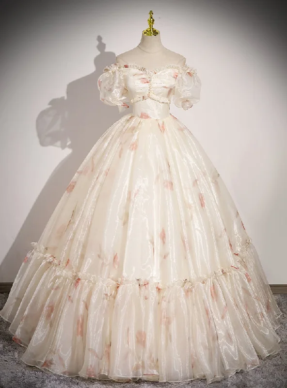 women's prom dressesChampagne Tulle Print Off the Shoulder Beading Quinceanera Dress