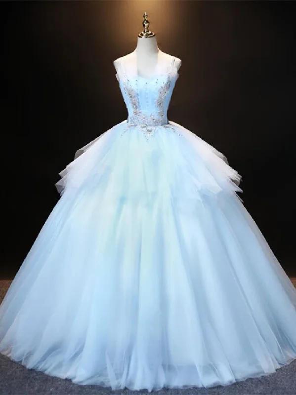 women's spaghetti strap dressesBlue Tulle Spaghetti Straps Appliques Quinceanera Dress