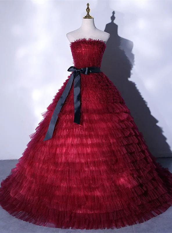 Laced-Up DressBurgundy Tulle Tiers Strapless Quinceanera Dress