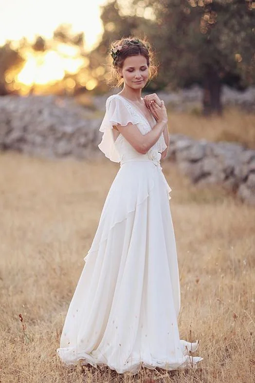 women's midi dressesIvory V-Neck Chiffon Boho Wedding Dress Unique Cap Sleeves Beach Wedding Dress with Ruffles N2505