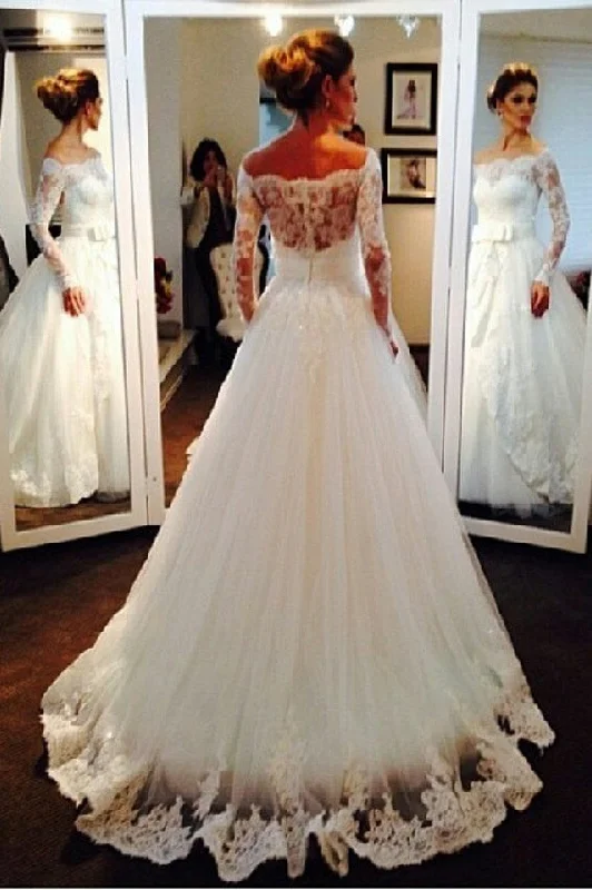 women's ethical fashion dressesElegant Tulle Lace Off-the-shoulder Bridal Dresses Long Sleeve Wedding Dresses N935