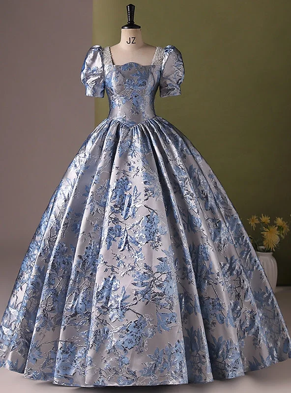 Zipper DressBlue Short Sleee Print Pearls Quinceanera Dress
