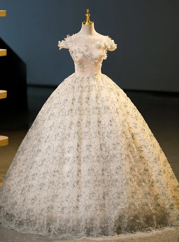 Ruffled Hem DressChampagne Tulle Flower Off the Shoulder Quinceanera Dress