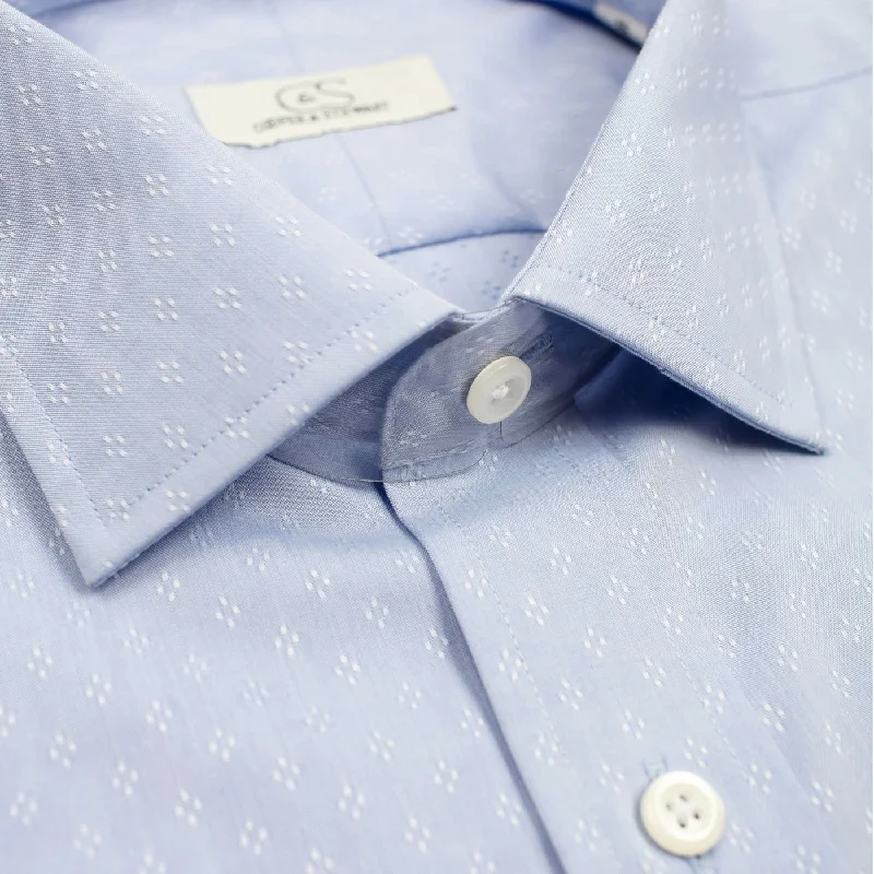 Men's Denim Shirts for a Rugged LookBlue with White Ditsy Neat Wrinkle-Free Cotton Dress Shirt with Spread Collar by Cooper & Stewart Men's Denim Shirts for a Rugged LookBlue with White Ditsy Neat Wrinkle-Free Cotton Dress Shirt with Spread Collar by Cooper & Stewart