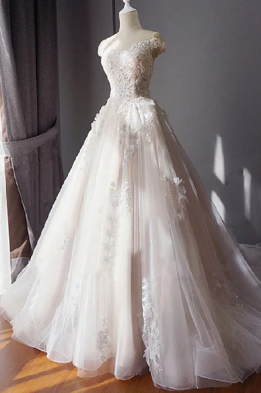 women's cotton dressesStunning Off the Shoulder Tulle Wedding Dresses with Lace Applique Bridal Dresses N2522