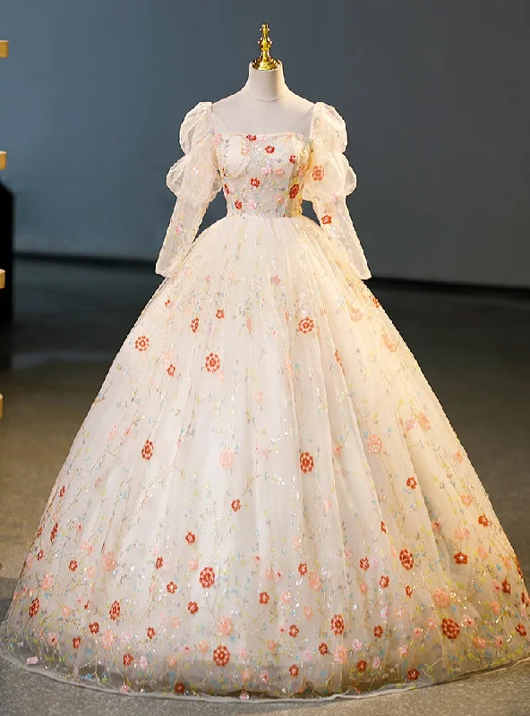 women's silk dressesChampagne Tulle Sequins Long Sleeve Quinceanera Dress